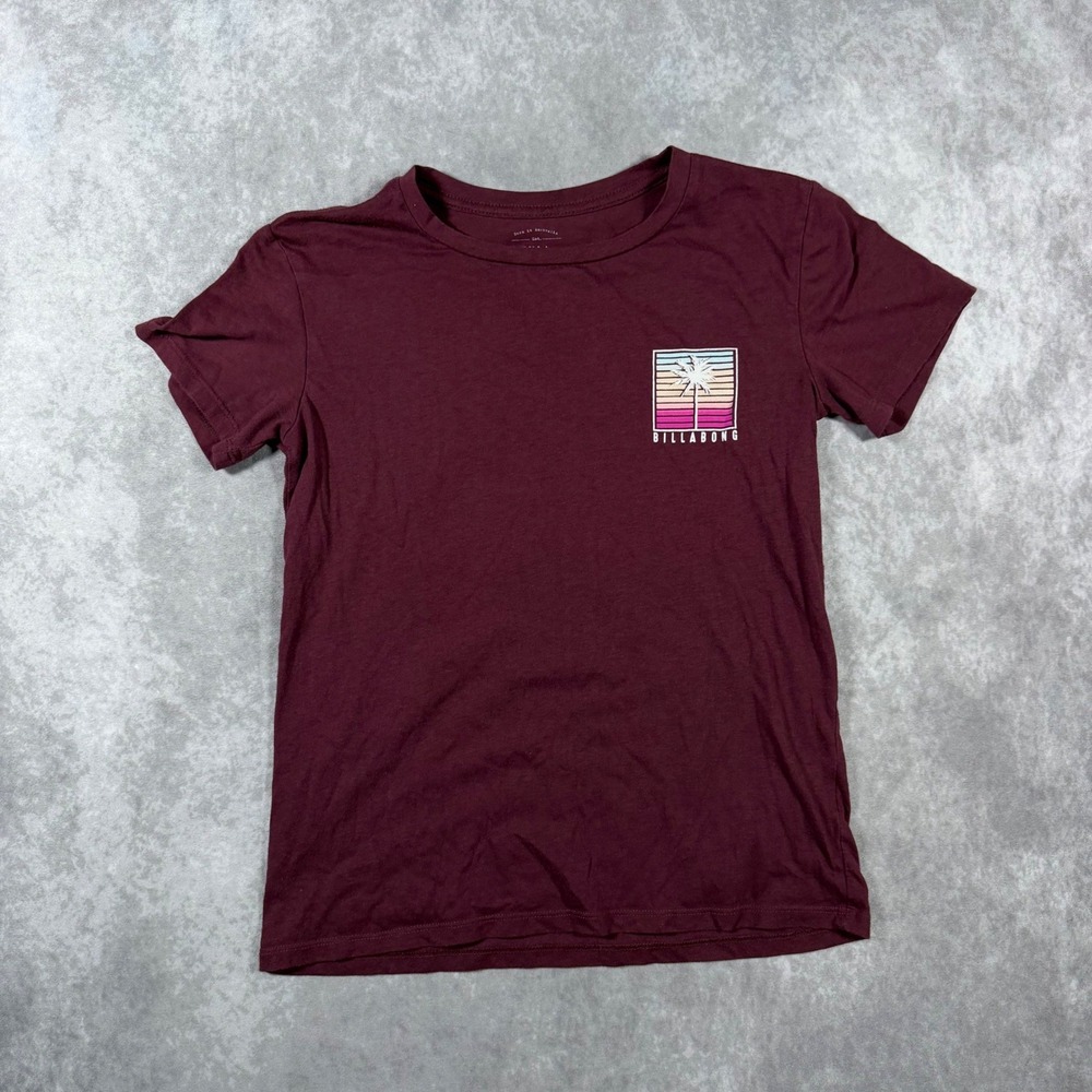 Billabong Womens XS Maroon Sunset Palm Tree Graphic T-Shirt Surf Baby Tee Y2K